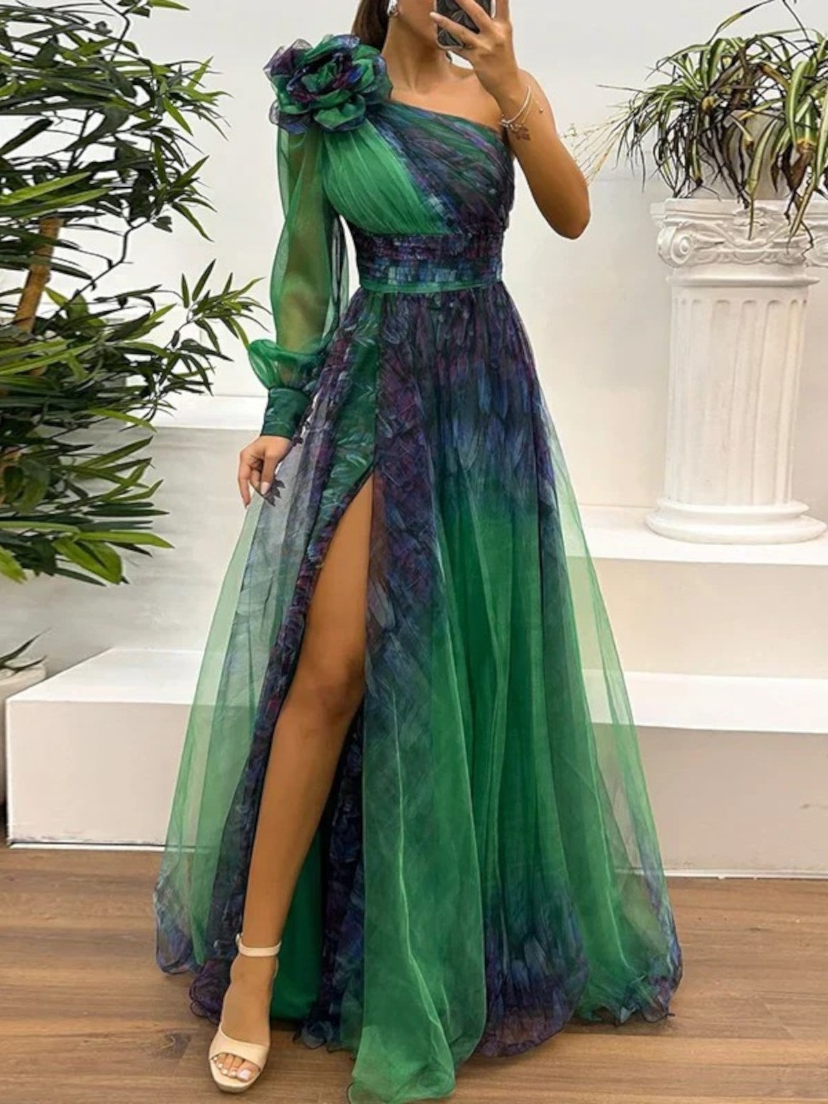 Sienna – Trendy One Shoulder Mesh Print Maxi Dress