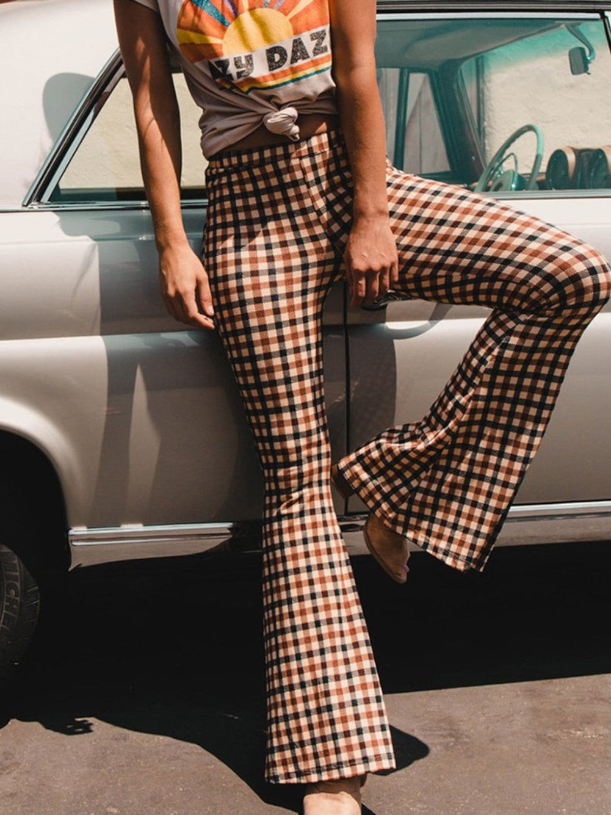 Amelia Plaid High-Waist Flared Pants