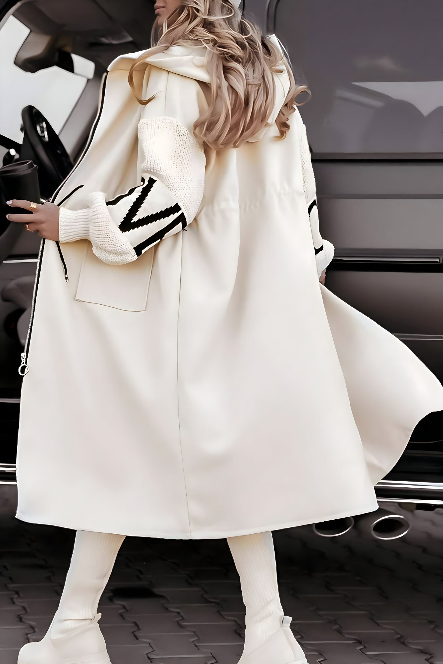 HENRYKA | LONG COAT WITH KNITTED SLEEVES AND HOOD