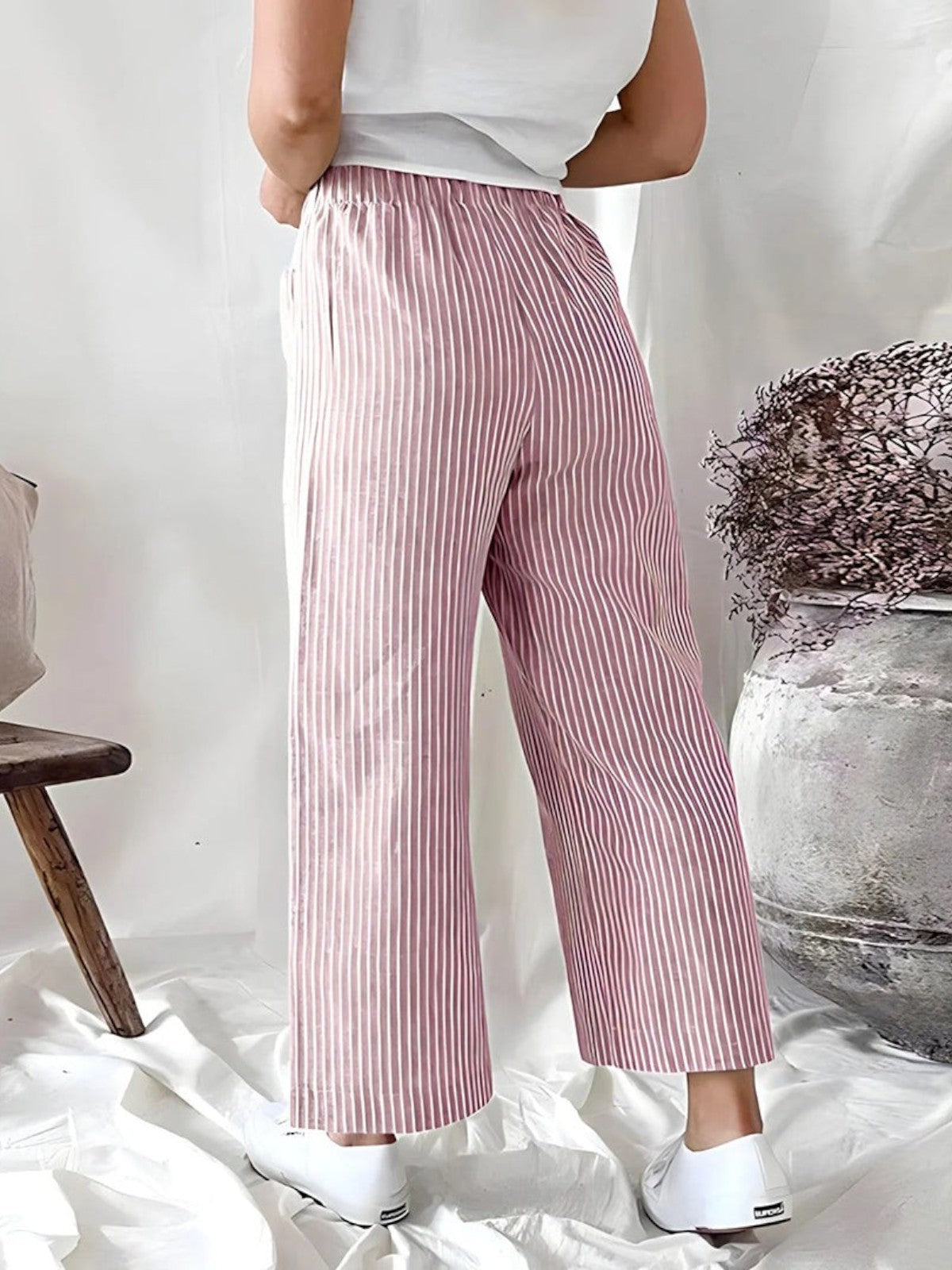 Evie Striped High-Waist Wide-Leg Linen Pants