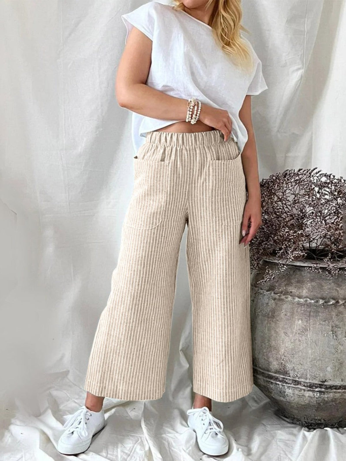 Evie Striped High-Waist Wide-Leg Linen Pants