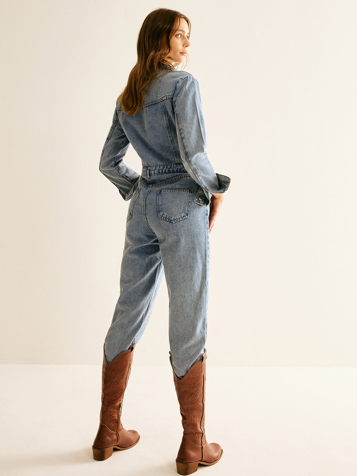 Harper - Long Sleeve Cotton Denim Jumpsuit