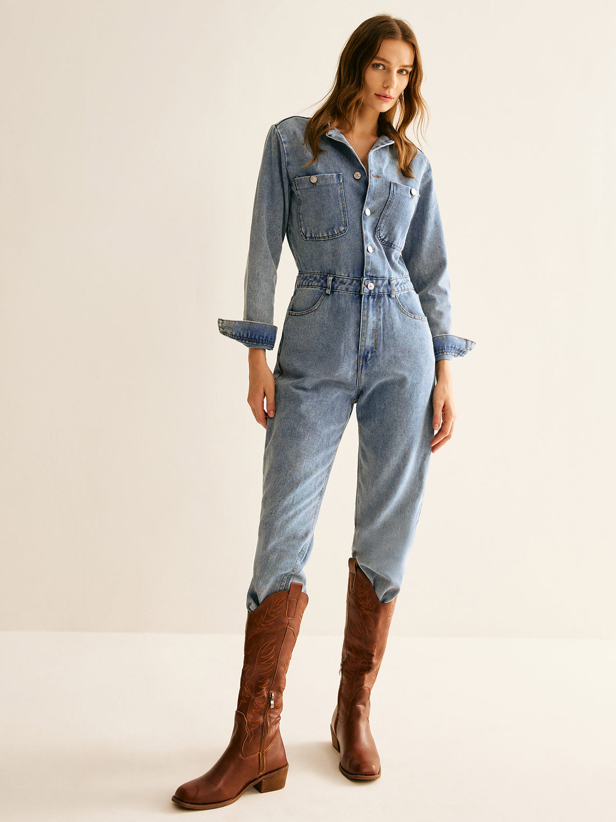 Harper - Long Sleeve Cotton Denim Jumpsuit