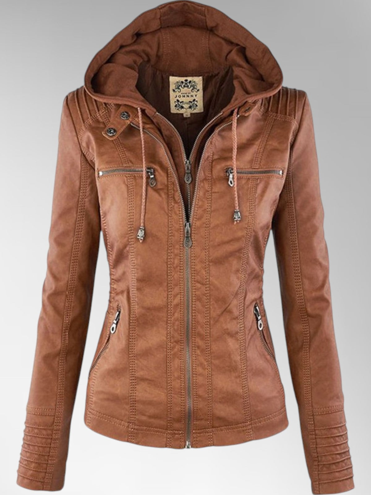 Mia - Leather Detachable Hood Jacket