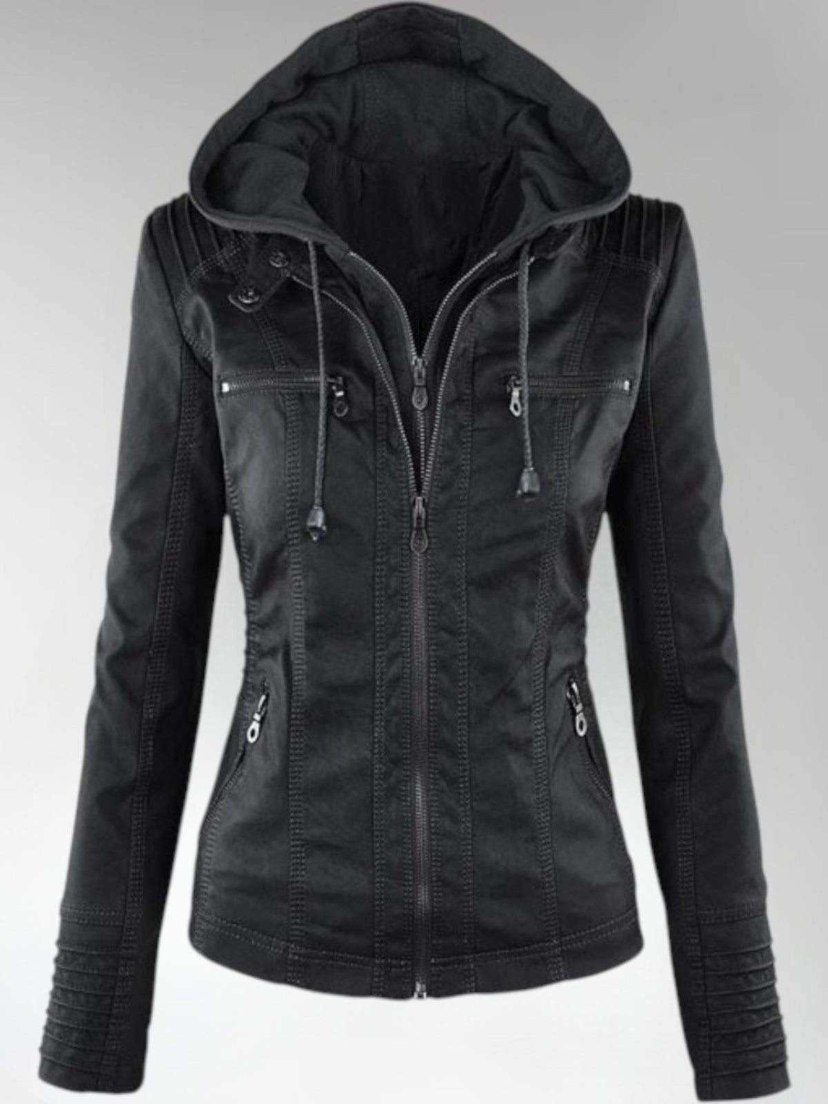 Mia - Leather Detachable Hood Jacket